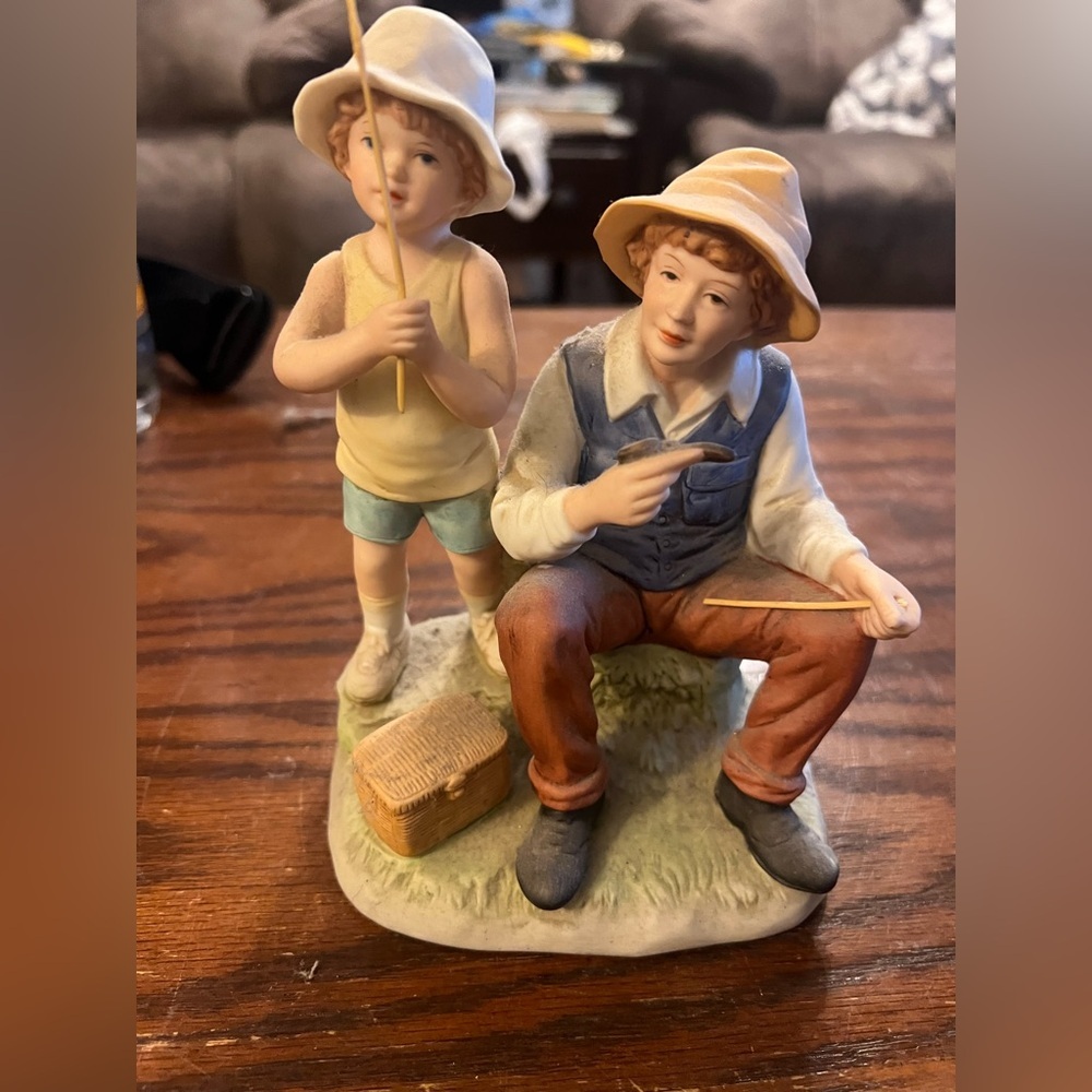 Father and Child Fishing Sculpture in Cream and Blue